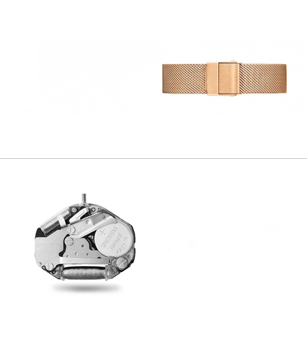 Close-up of a mechanical watch with a rose gold mesh band on a white background