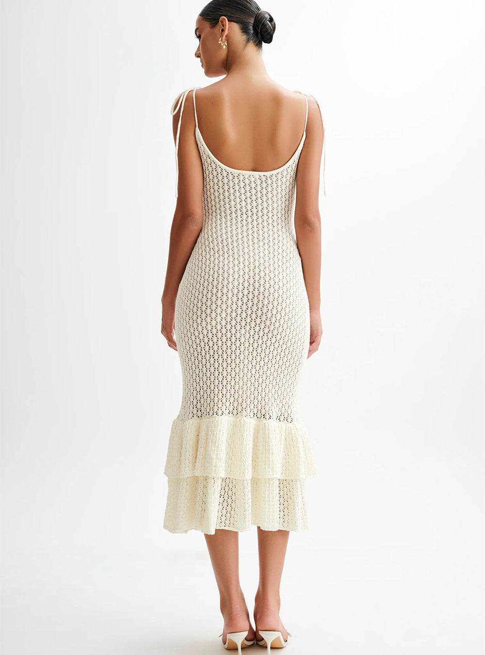 Hollow-Out Ruffled Slip Skirt Knitted Dress