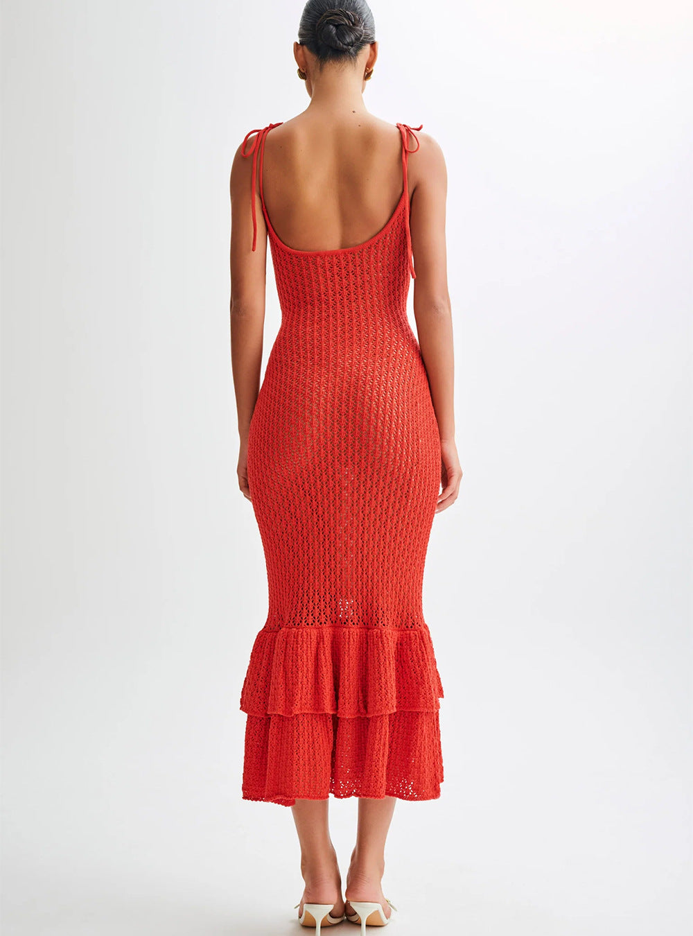 Hollow-Out Ruffled Slip Skirt Knitted Dress