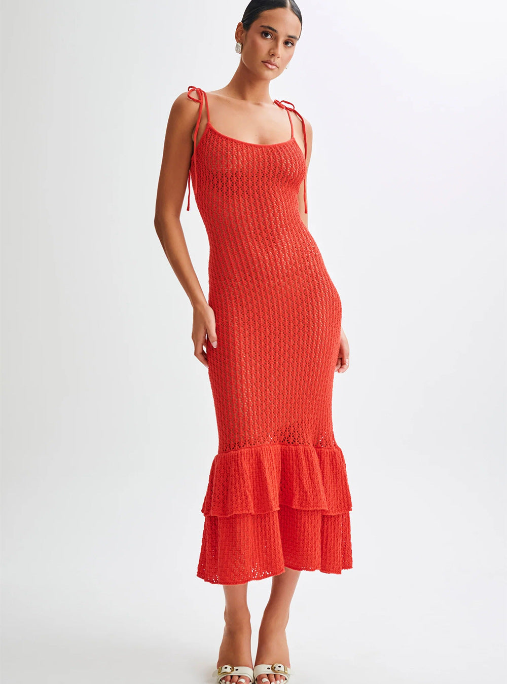 Hollow-Out Ruffled Slip Skirt Knitted Dress