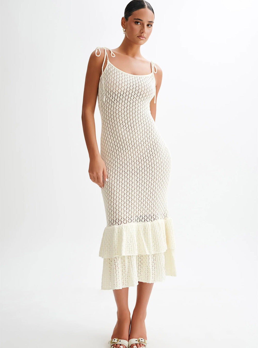 Hollow-Out Ruffled Slip Skirt Knitted Dress
