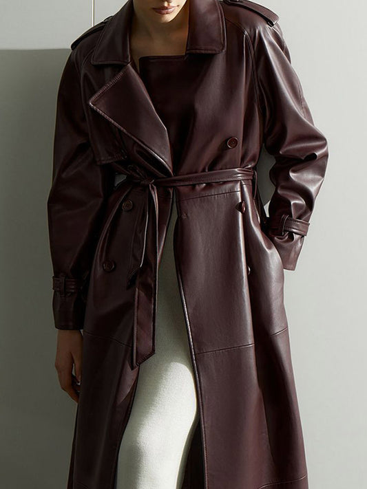 Faux Leather Belted Trench Coat
