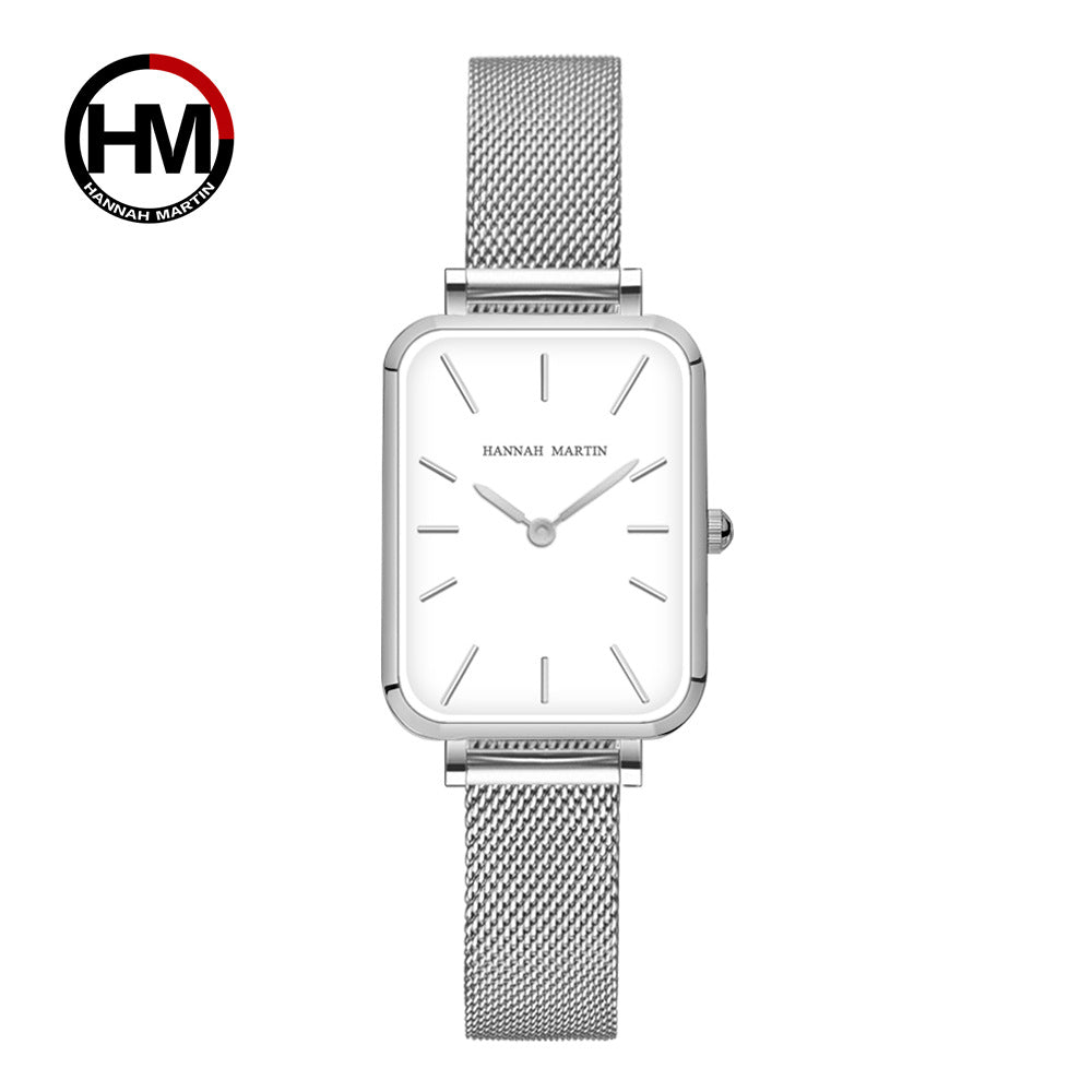 Silver watch with mesh band on a white background, featuring the Hannah Martin logo.