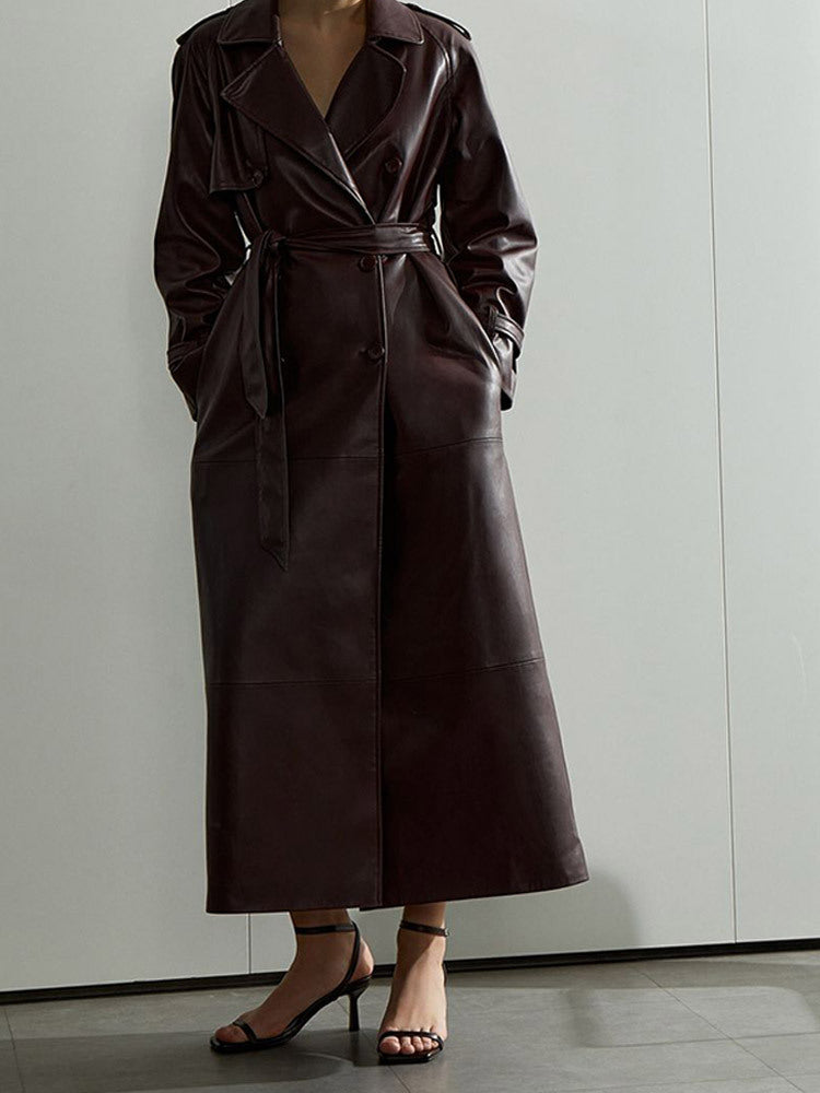 Faux Leather Belted Trench Coat