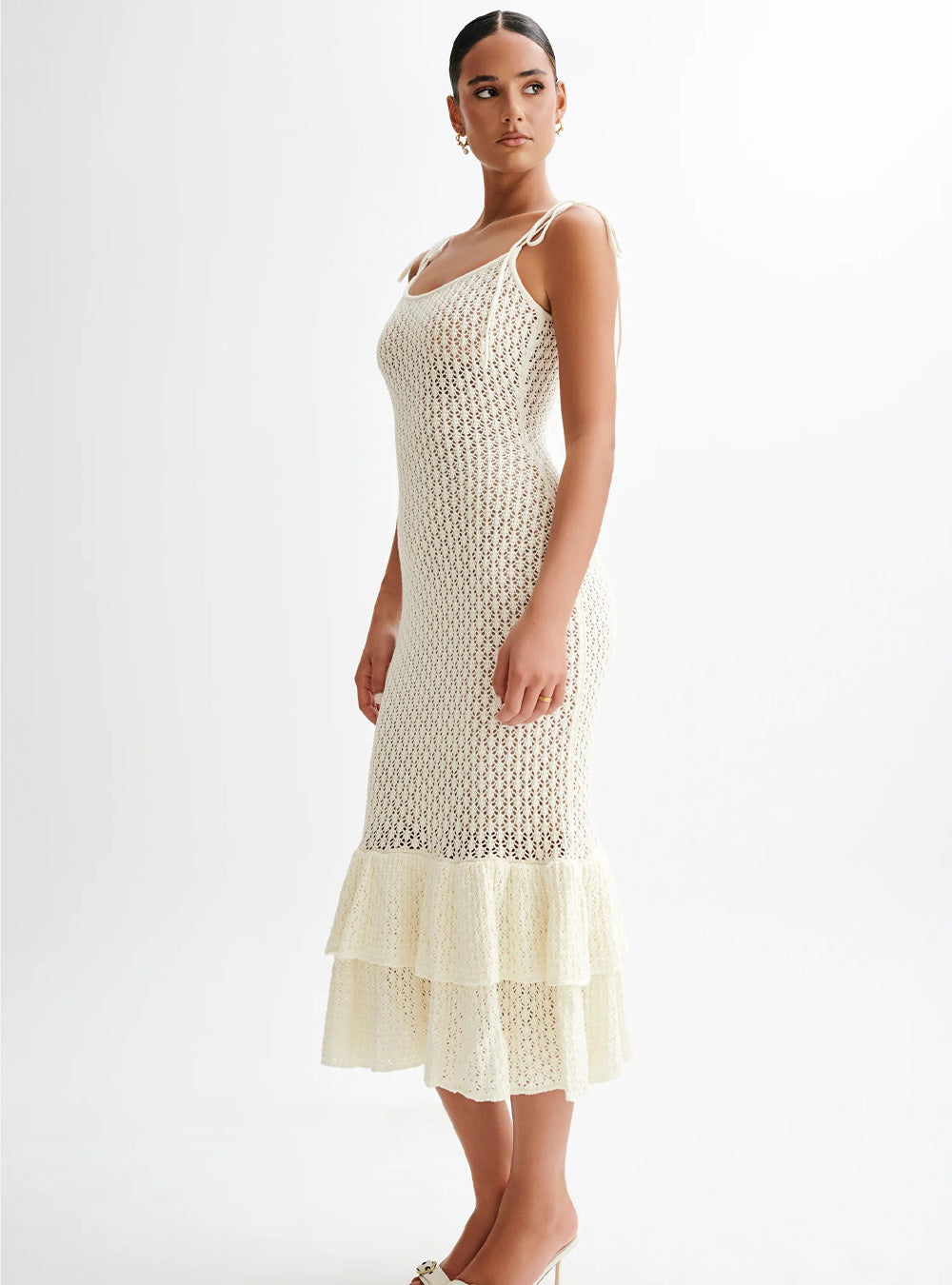 Hollow-Out Ruffled Slip Skirt Knitted Dress