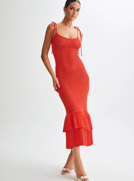 Hollow-Out Ruffled Slip Skirt Knitted Dress