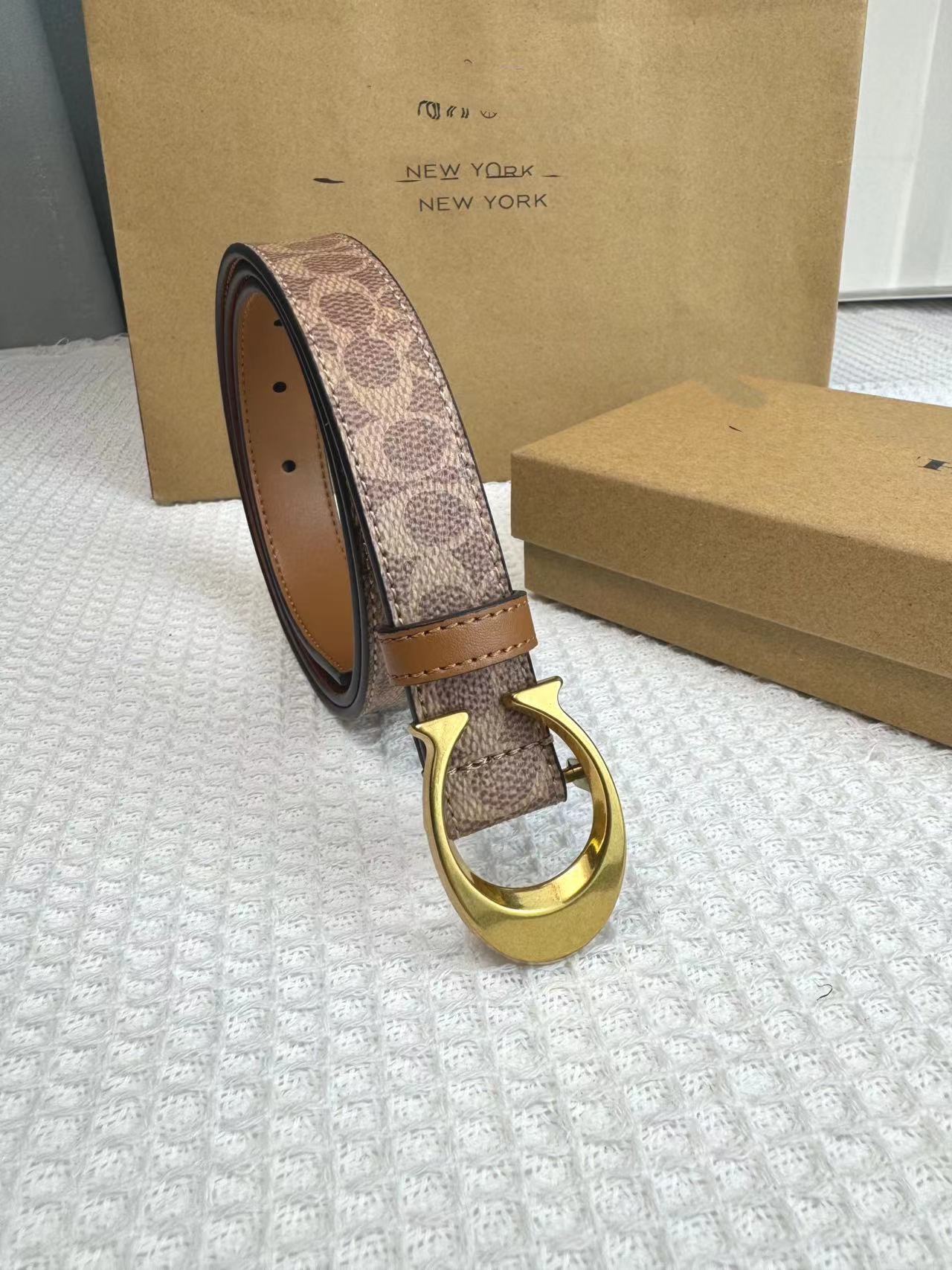 Coach Leather Belts with Gold Horseshoe Buckle- 90cm